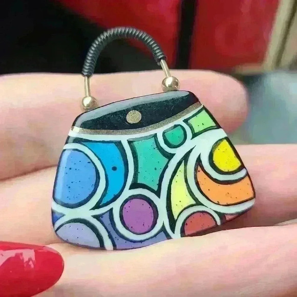 Small purse brooch pin colorful vitange hand painted art pin - Picture 7 of 7